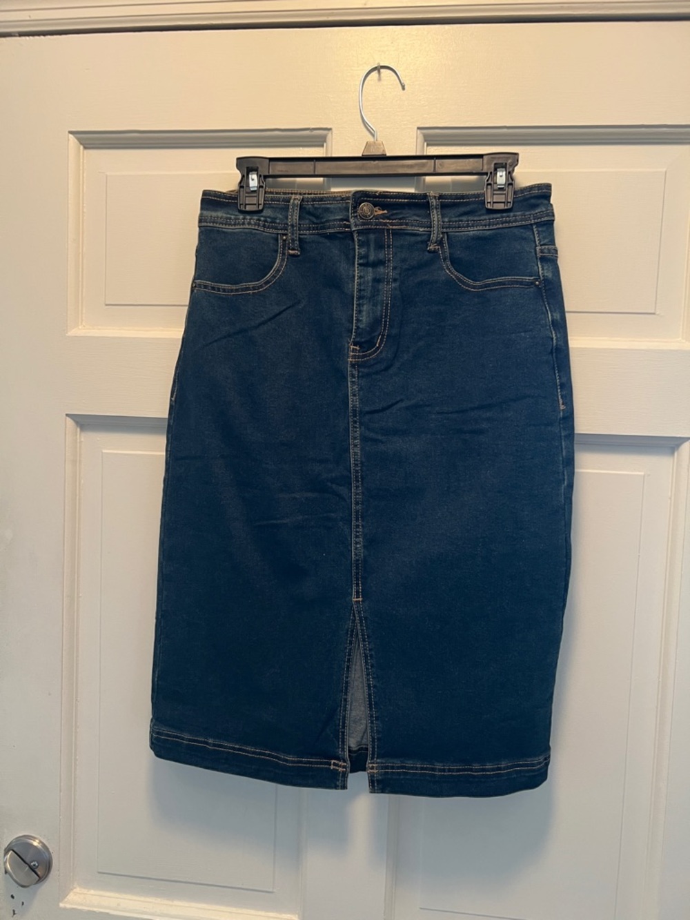 Luvamia Classic Dark Blue Denim Mini Skirt - Front Slit 2 pockets Front zipper